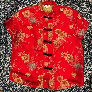 Clio Red and Gold Floral Women's Asian style frog closure Blouse